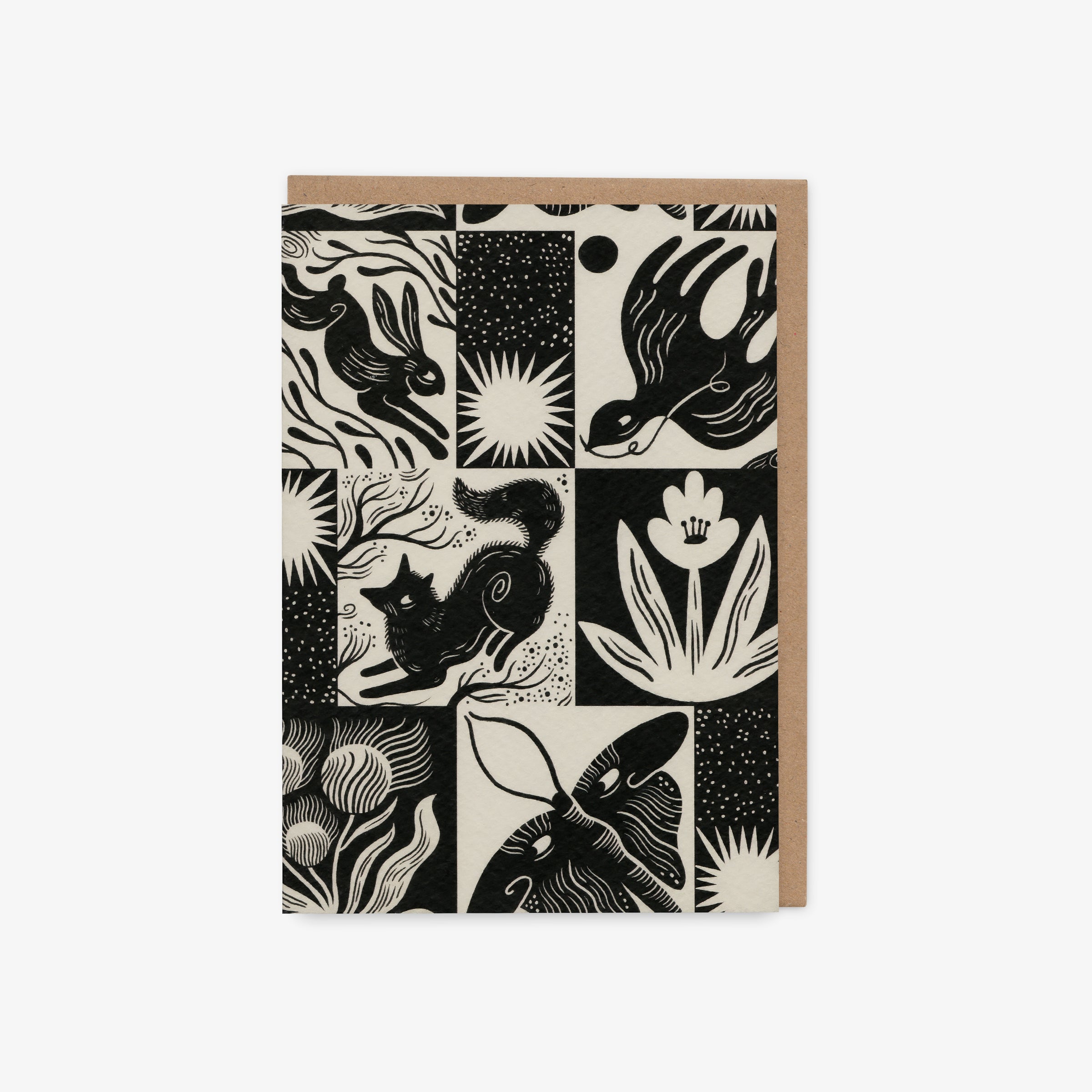 Greeting card with black and white animal illustrations on a beige background